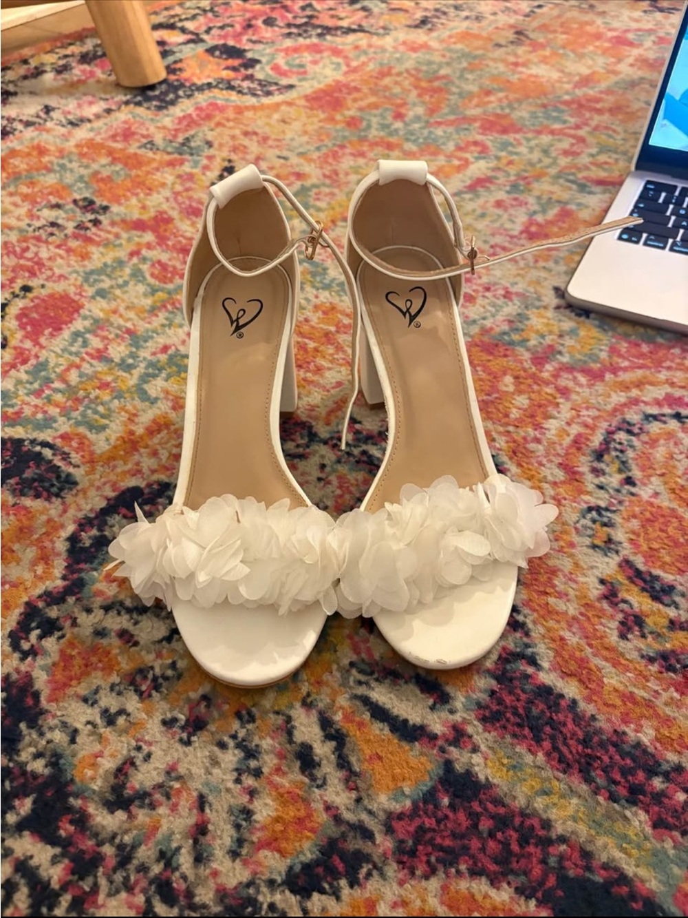 Women's White Floral Ankle-Strap Heels